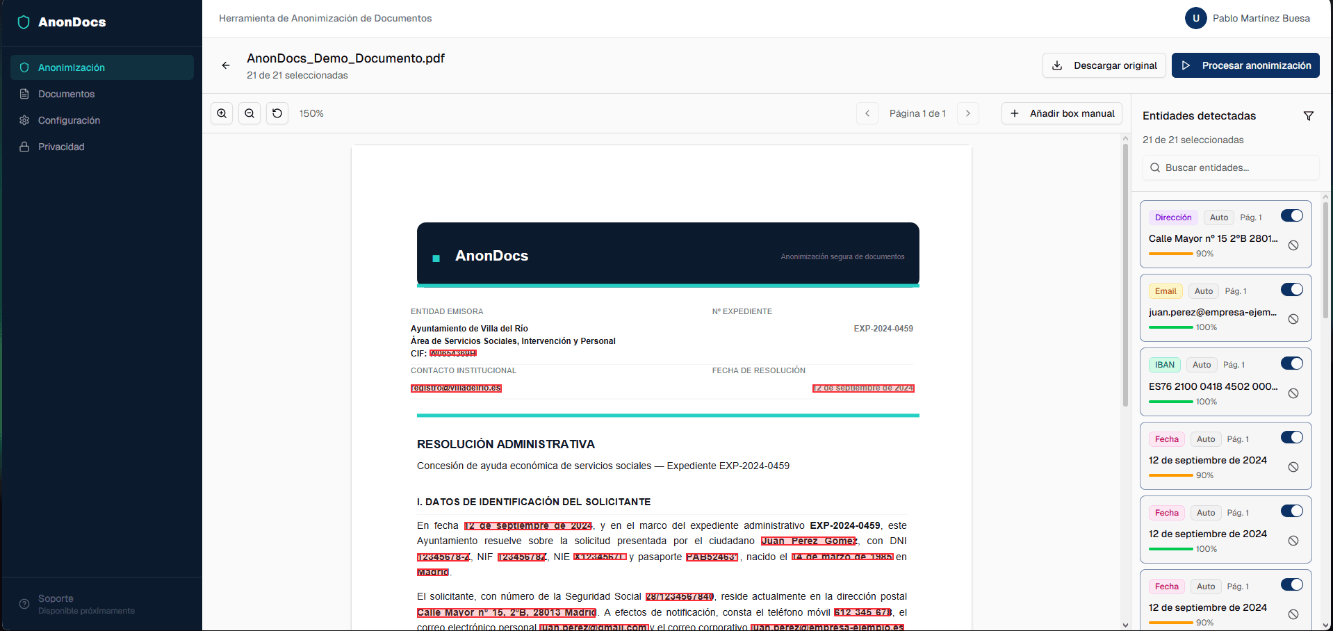 Captura de AnonDocs detectando datos personales en un documento — la detección automática es el primer paso tanto en seudonimización como en anonimización