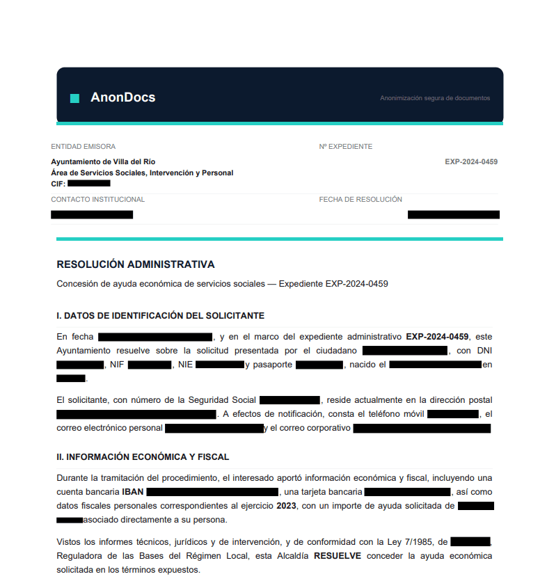 Documento PDF con datos personales eliminados de forma estructural por AnonDocs — resultado tras una anonimización real conforme al RGPD